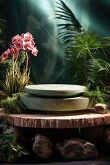 Plants and green product display podium for natural product. Circular shape base on green background.
