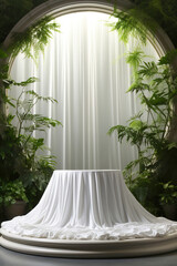 Green plants, product display podium covered with white cloth. Circular shape base.