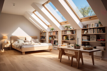 Child's room in the attic in simple style and minimalist decor. Large windows