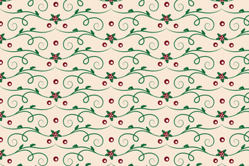 Christmas flourishes swirls holly leaves Seamless Pattern, winter vibes berry leaf modern Christmas pattern, holiday green ornate Christmas pattern, wrapping paper holiday holly printing fabric 