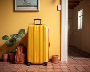 Check-in to apartment, yellow suitcase near front door. Vacation start