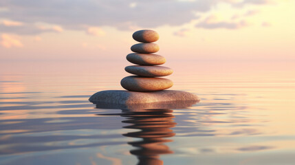 Stacked zen stones, meditation and concentration for mindfulness practise and peace. Wallpaper, background and balance with copy-space for mind, body and soul. Rocks on water or ocean at sunset