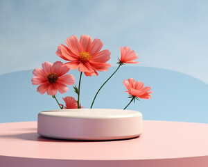 Minimal abstract colorful podium product display and flowers