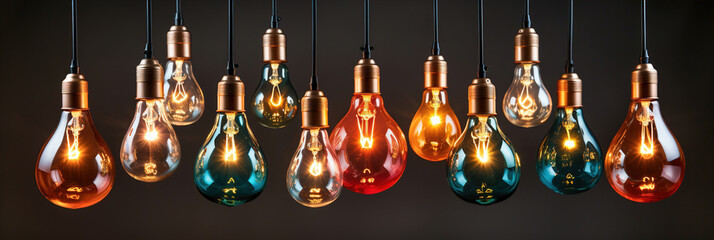 A bunch of isolated Vintage multi color light bulbs hanging from a ceiling. Panoramic image.