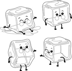 Cute cartoon ice cube characters. Vector black and white coloring page.