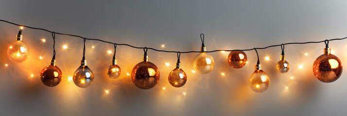 A string of lights hanging from a white wall. Festive lights. Panorama.