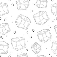 Ice cubes background. Seamless pattern. Black and white outline. Vector illustration.