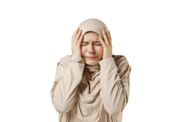 PNG,scared woman covers herself with hands, isolated on white background