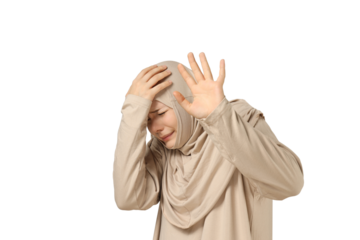 PNG,scared woman covers herself with hands, isolated on white background