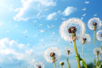 Meadow, blue sky and group of dandelions blowing in the wind - Powered by Adobe