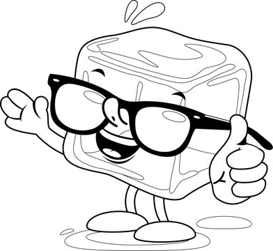 Cartoon ice cube character with sunglasses. Vector black and white coloring page.
