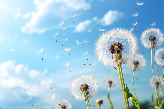 Meadow, blue sky and group of dandelions blowing in the wind