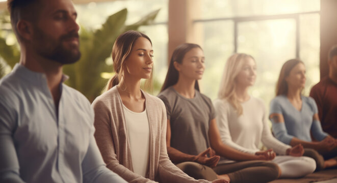 Group, diverse and meditation in a studio for mindfulness practise and spirituality. People sitting, deep breathing and religion for mental health, burnout, zen, calm and stress free lifestyle. Mind,