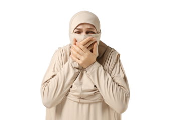 PNG,scared woman covers herself with hands, isolated on white background