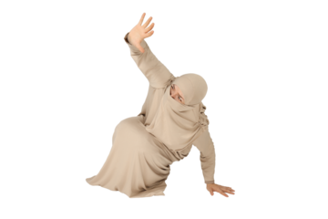 PNG,scared woman covers herself with hands, isolated on white background