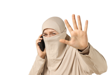 PNG,scared woman with smartphone in hands, isolated on white background