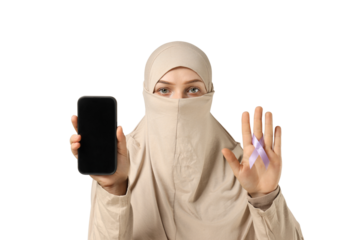 PNG,scared woman with smartphone in hands, isolated on white background
