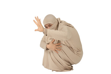 PNG,scared woman covers herself with hands, isolated on white background