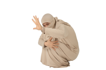 PNG,scared woman covers herself with hands, isolated on white background