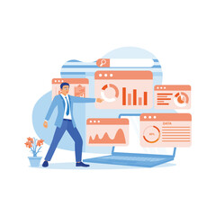 Fototapeta premium An analyst points at a laptop screen displaying growth statistics, graphs and data. Analyze business data and data management systems with KPIs. Business analysis concept. 