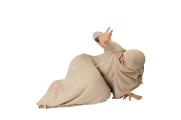 PNG,scared woman covers herself with hands, isolated on white background