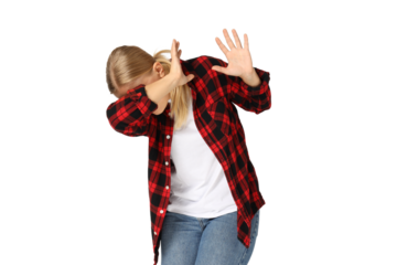 PNG,scared woman covers herself with hands, isolated on white background