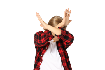 PNG,scared woman covers herself with hands, isolated on white background