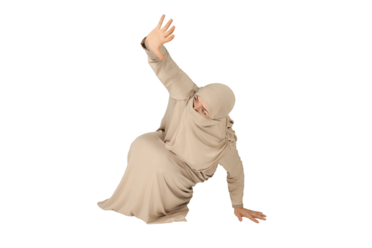 PNG,scared woman covers herself with hands, isolated on white background