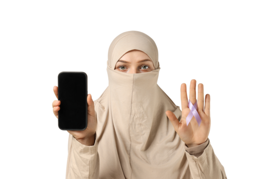 PNG,scared woman with smartphone in hands, isolated on white background