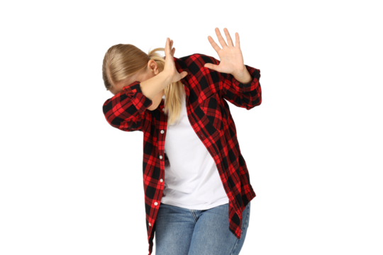 PNG,scared woman covers herself with hands, isolated on white background