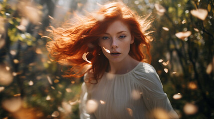 Fototapeta premium Beautiful red-haired girl running through the autumn forest.