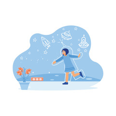 Kids imagination. Cheerful girl child standing and drawing herself on the blackboard. Exploring concepts. Children's concept. trend modern vector flat illustration