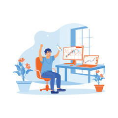 A freelance stockbroker working at home using a laptop computer. Celebrating trading success while sitting with arms raised. Stock Trading concept. trend modern vector flat illustration