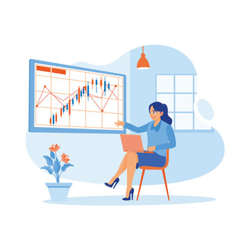 Happy smiling businesswoman sitting in front of the laptop. Investor brokers analyze stock trading indices. Stock Trading concept. trend modern vector flat illustration 