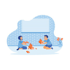 Children sit on the floor of the house and play together. They play with colorful blocks and toy planes. Kindergarten educational games. Children's concept. trend modern vector flat illustration 
