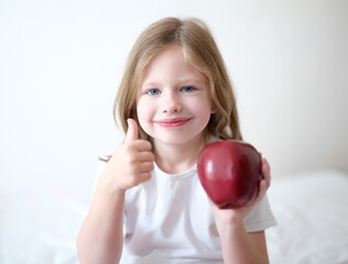 Little girl holding red apple in her hands and showing thumbs up. Proper balanced baby food concept