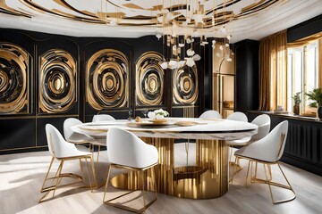 A stunning white, black, and golden dining table with smart features and hidden compartments, situated in an artfully designed dining area with abstract, colorful patterns on the walls.