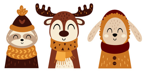 Winter animals clipart with cute deer, sloth and rabbit in cartoon flat style. Vector illustration © JulzaArt