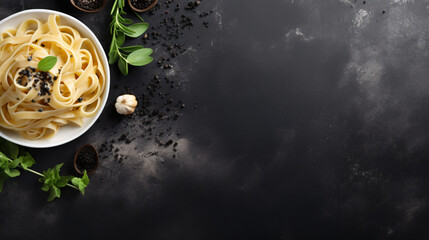 Tasty fettuccine with truffle served on grey table