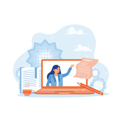 A teacher gives assignments to students via a laptop screen. Distance education concept. Education concept. trend modern vector flat illustration