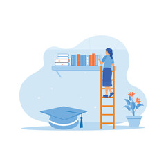 Fototapeta na wymiar The teenage girl climbs onto a bookshelf to get a book inside the house. A concept of the educational process. Education concept. trend modern vector flat illustration