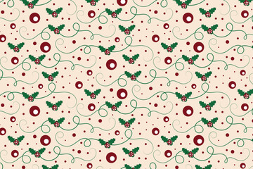 Christmas flourishes swirls holly leaves Seamless Pattern, winter vibes berry leaf modern Christmas pattern, holiday green ornate Christmas pattern, wrapping paper holiday holly printing fabric 