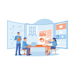 A competent team of workers in office space. Front-end developer team brainstorming UI and UX design for mobile app on a laptop computer screen. APP devs concept. trend modern vector flat illustration