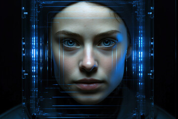 Face detection technology concept, woman face, illuminated points with a futuristic background.