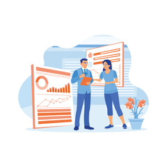 A businessman uses a digital tablet to discuss project details with a female coworker. Work in a modern, diverse office. Software developers concept. trend modern vector flat illustration