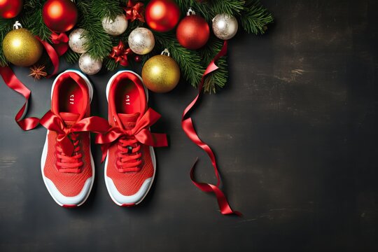 New years running shoe. Healthy lifestyle, new year challenge, fitness trainer sneakers with christmas decorations, Christmas sport shoes top view, flat lay composition, wide banner on black