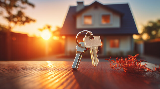 House key on the background of a beautiful sunset. Real estate concept.