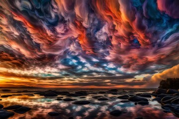Multicolored clouds intermingling, giving rise to a hypnotic abstract tapestry in the sky.