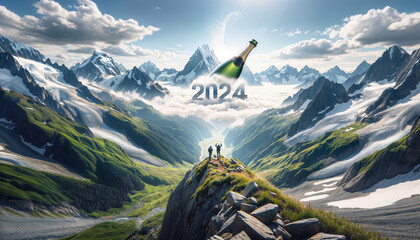 Mountains landscape, hiking and success new year 2024 concept, champaign - obrazy, fototapety, plakaty