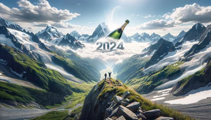 Tuinposter Mountains landscape, hiking and success new year 2024 concept, champaign © OpticalDesign